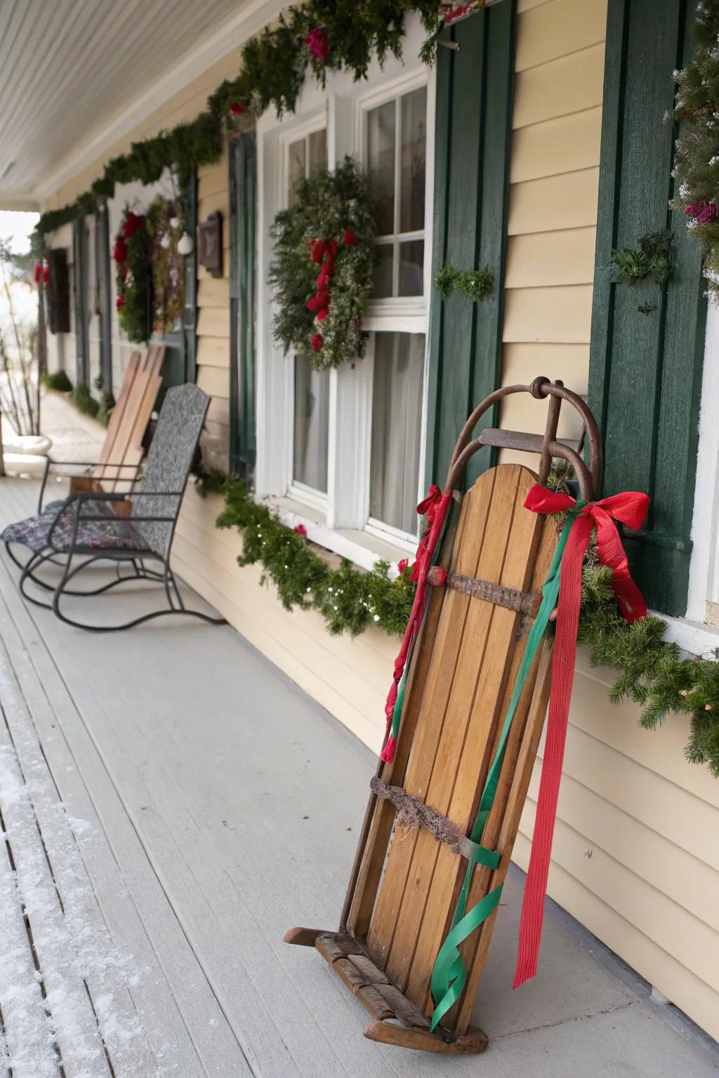 A classic sleigh imparting a touch of nostalgia to the porch decorations.