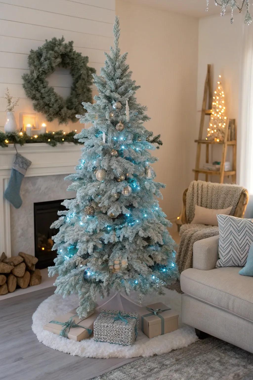 A serene Christmas tree featuring frosted branches and icy blue lights, creating a magical winter wonderland indoors.