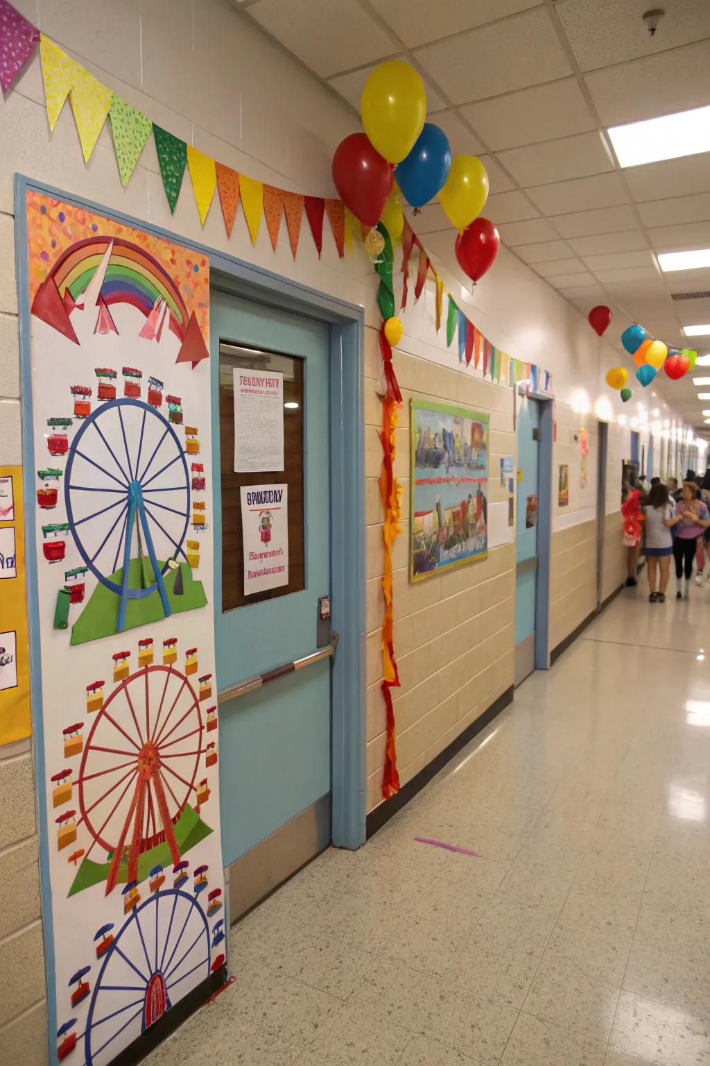 A fairground-themed classroom door featuring Ferris wheels and colors.
