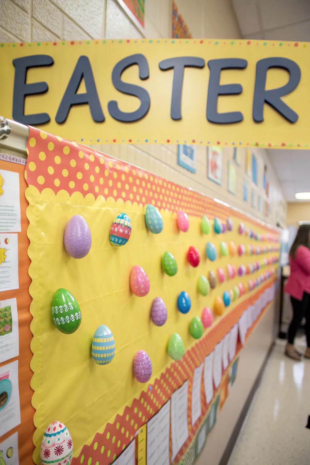 An educational bulletin board featuring a word wall of Easter vocabulary.