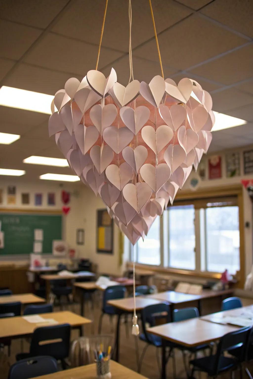 Attention-grabbing paper heart pendant functioning as a centerpiece.