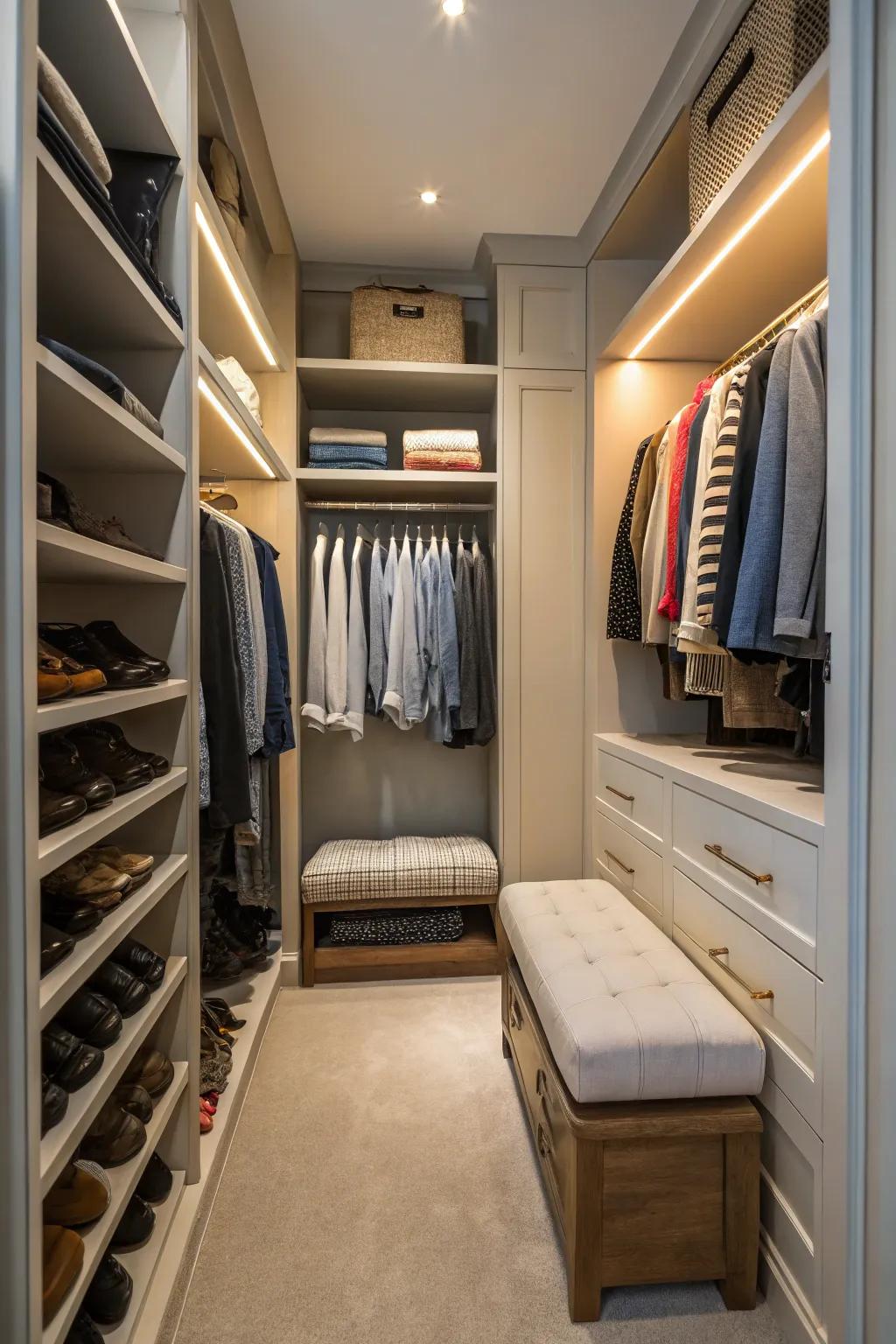 A seating area adds luxury and enhances functionality in your closet.