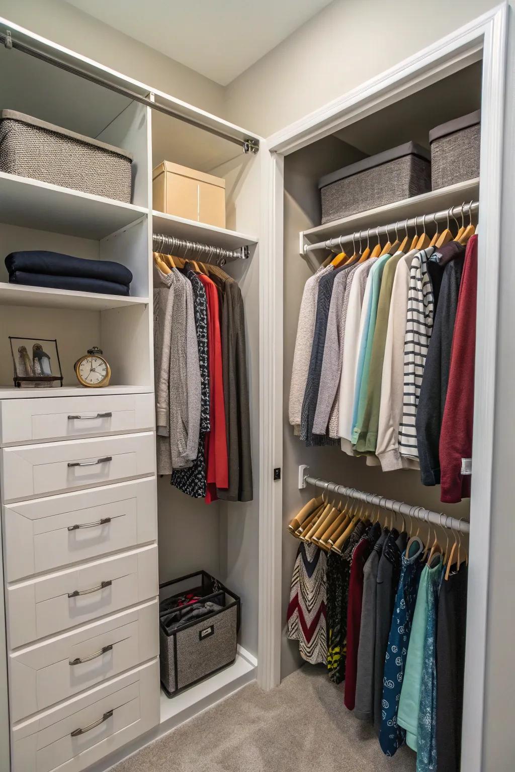 Extendable rails provide flexible solutions for small closet areas.