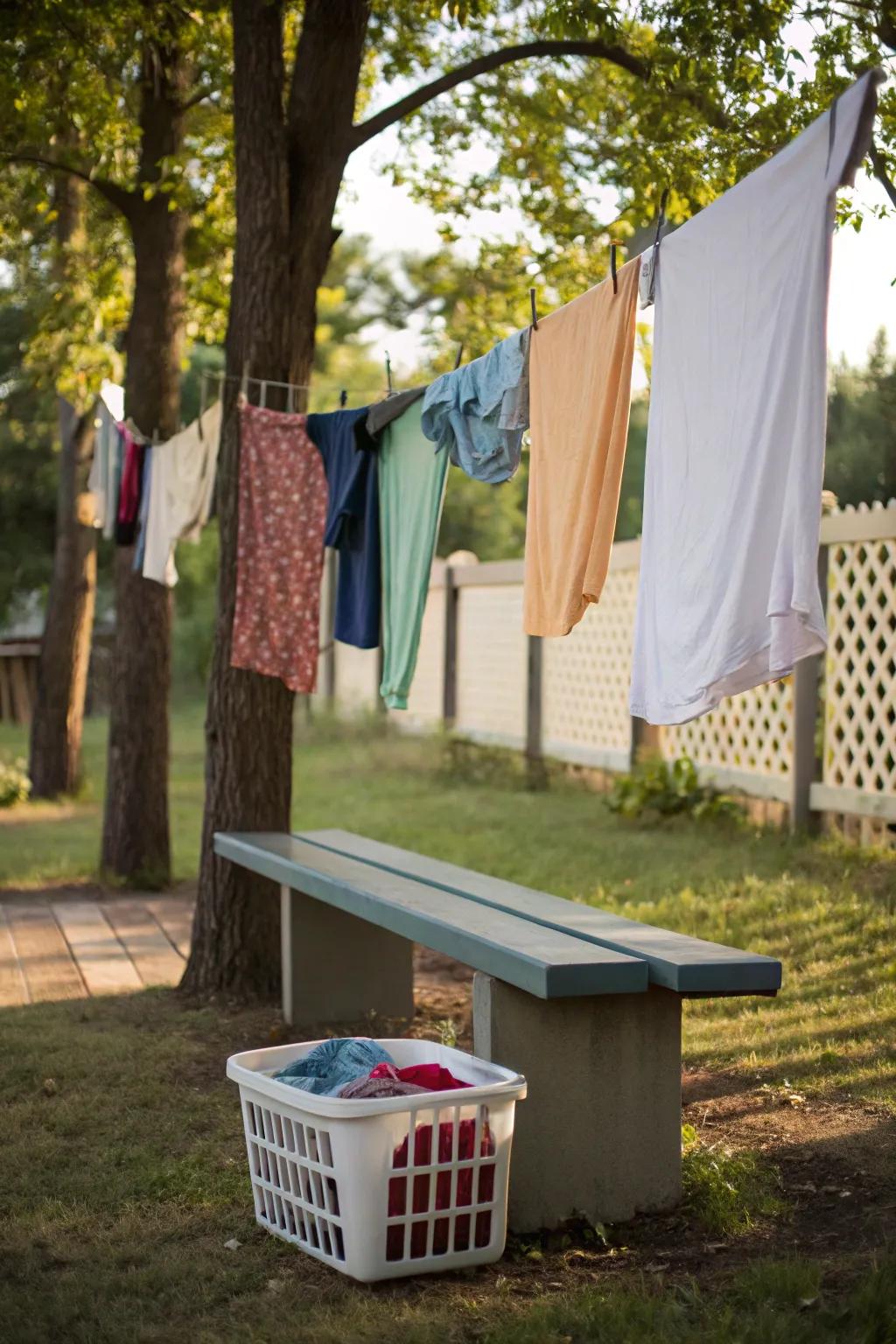 Practical and handy: a clothesline that has a built-in bench.