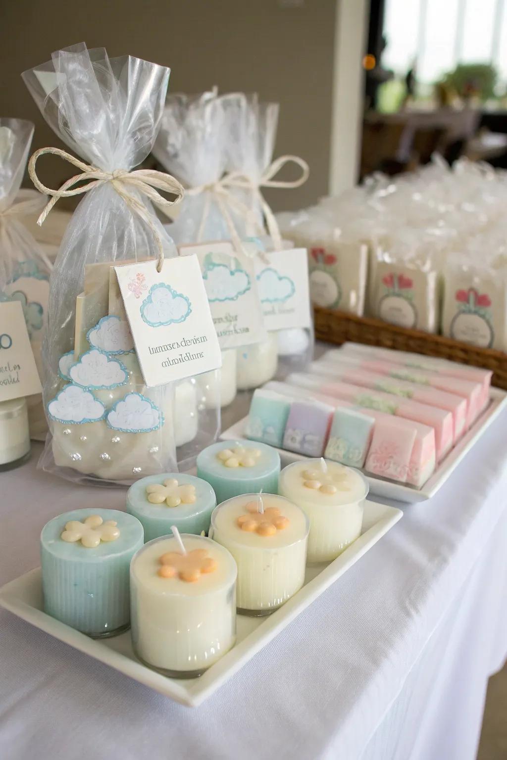 Cumulus-themed favors furnish a memorable keepsake for attendees to take home.