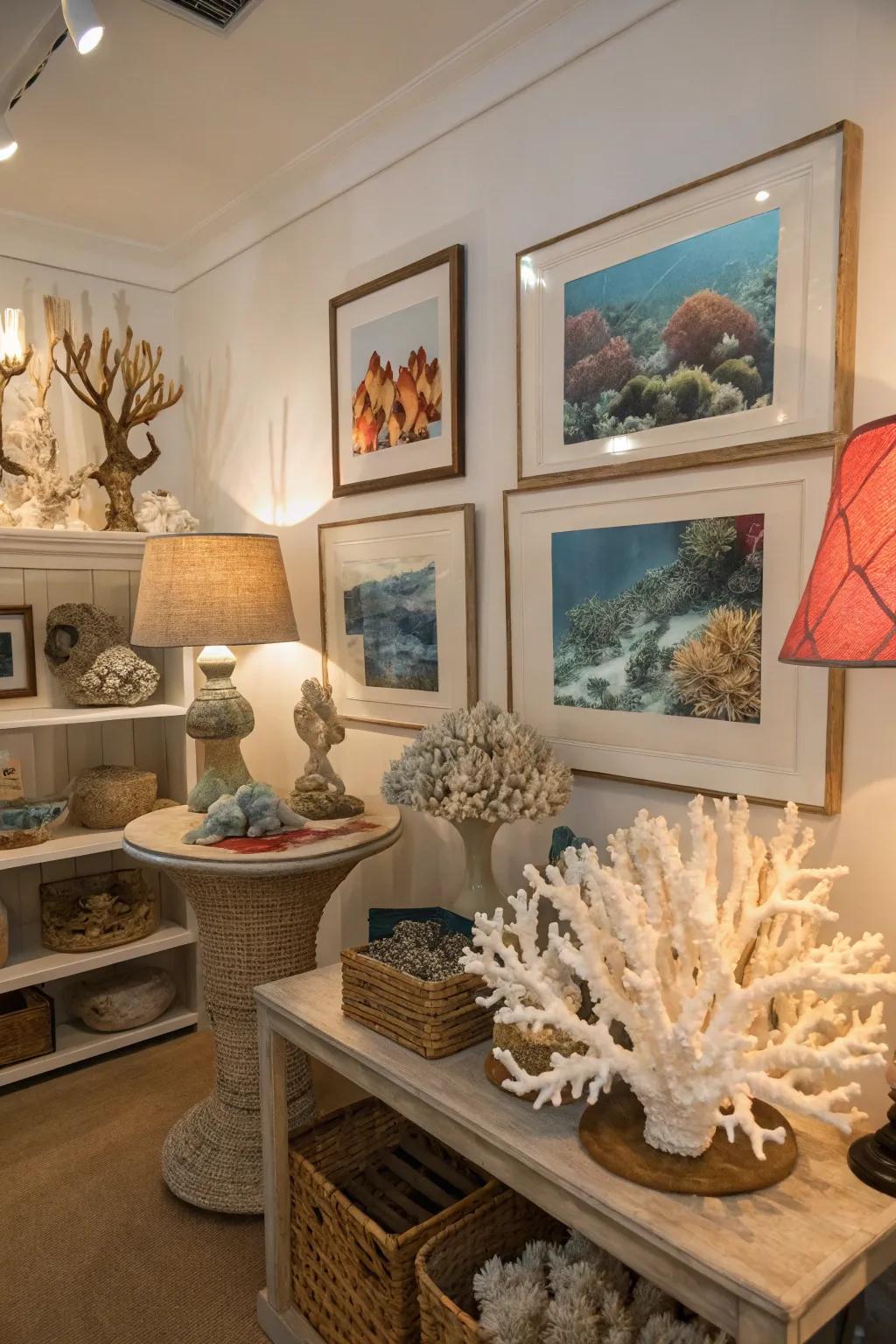Coral decor adding sophistication and playfulness to the space.