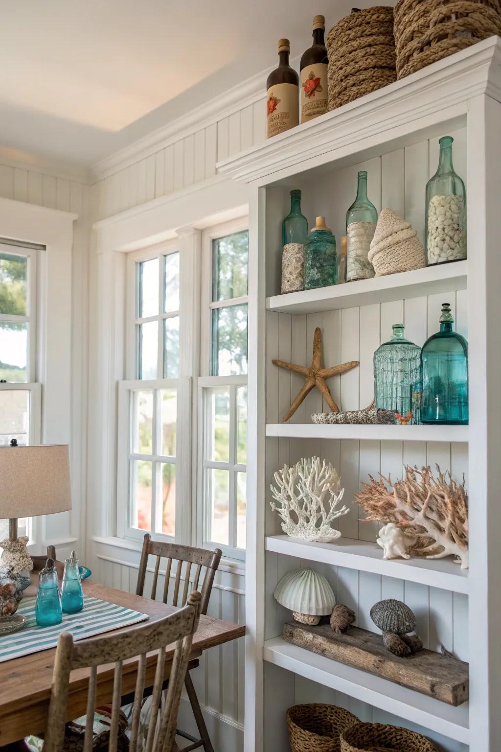 Open storage beautifully showcases coastal treasures.