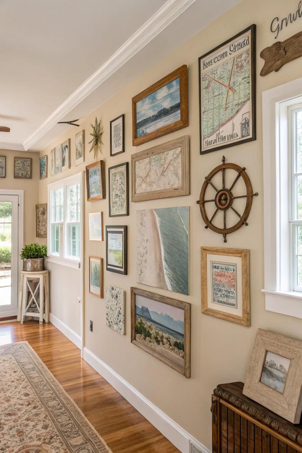 Diverse art pieces personalize and enrich coastal farmhouse spaces.