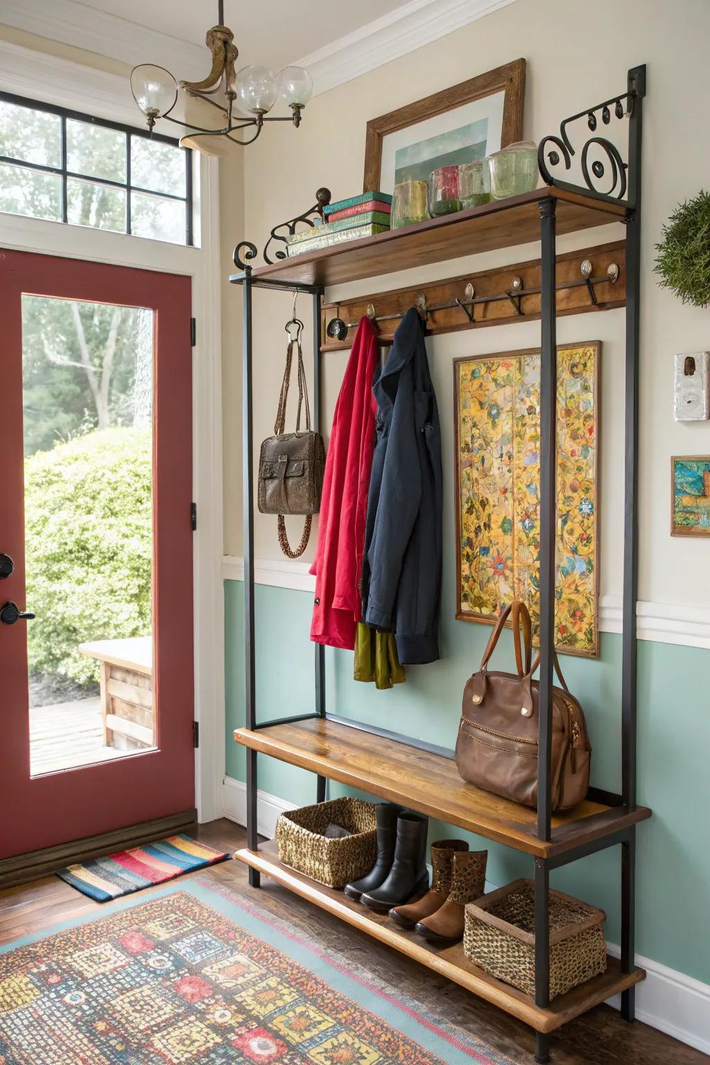 An eclectic coat rack that features a dynamic concoction of substances for a vibrant visage.