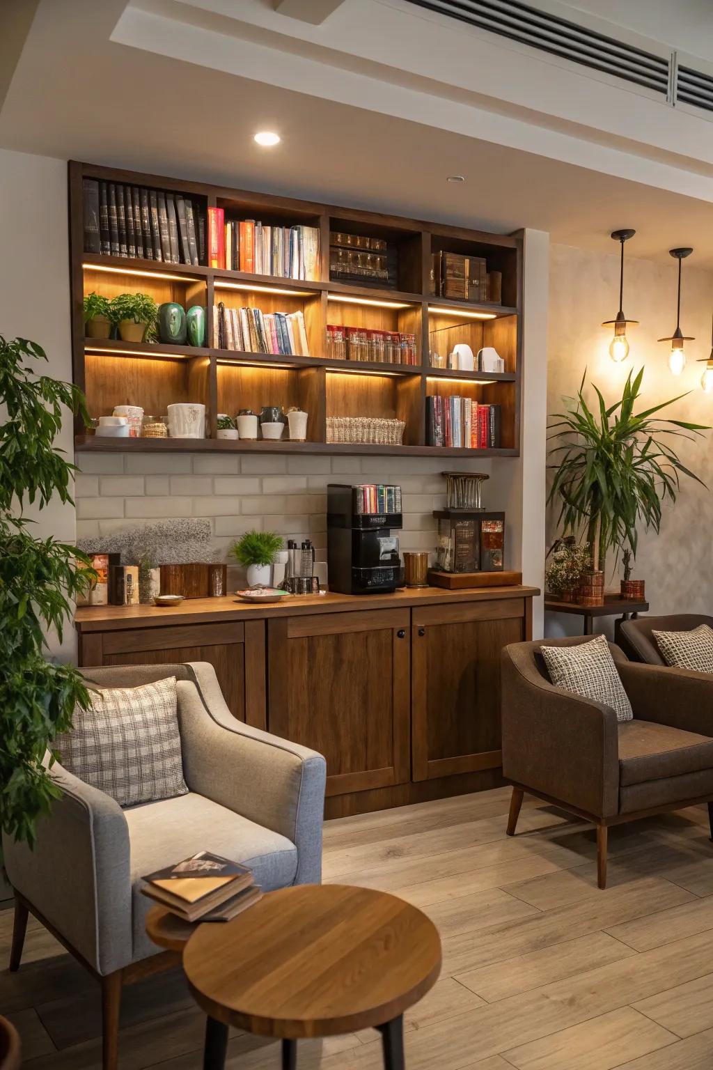 A cozy alcove establishes an ideal coffee corner.