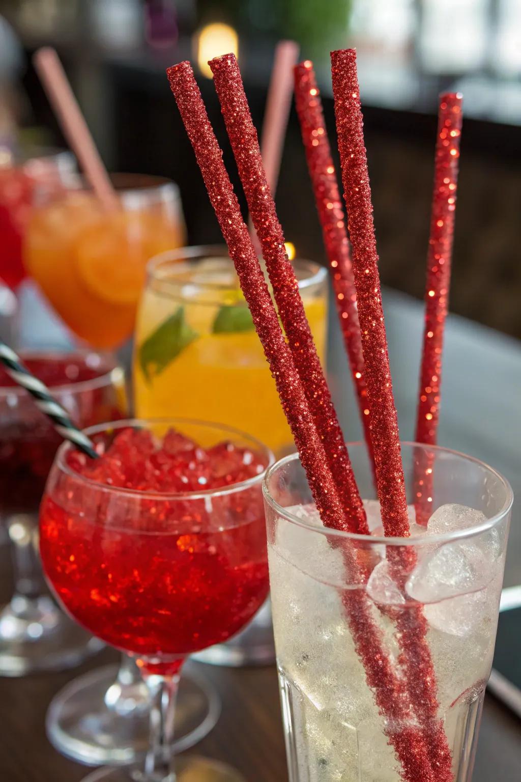 Radiant ruby shimmer drink wands adding sparkle to beverages.