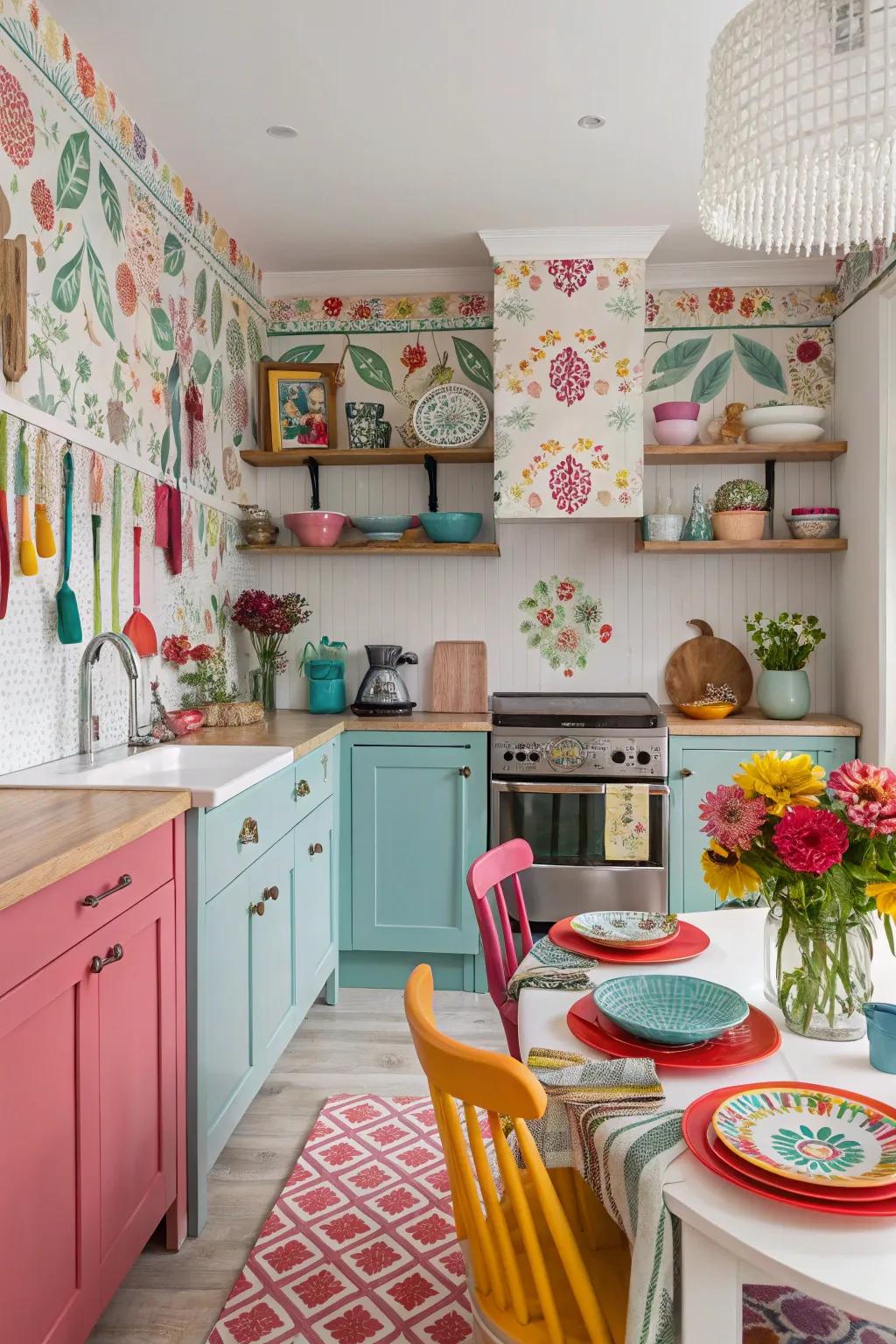 Bold wall covering turns cooking area walls into an art display.