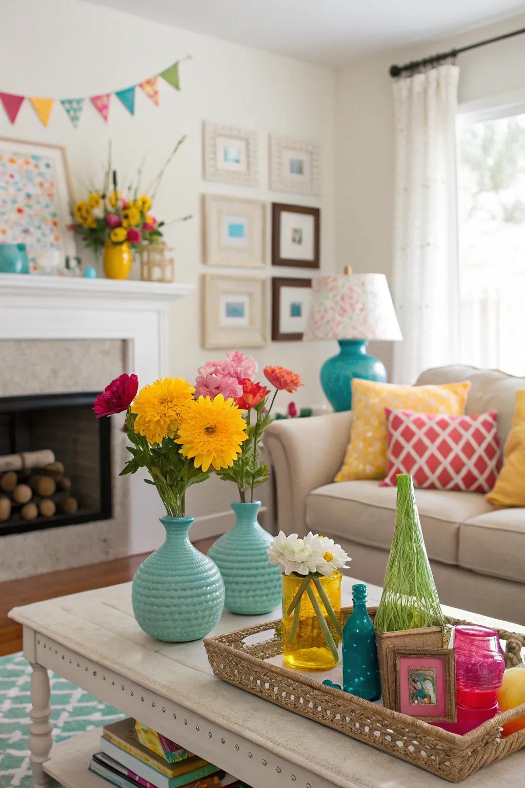 Unexpected color accents scatter joy across this bright living room.
