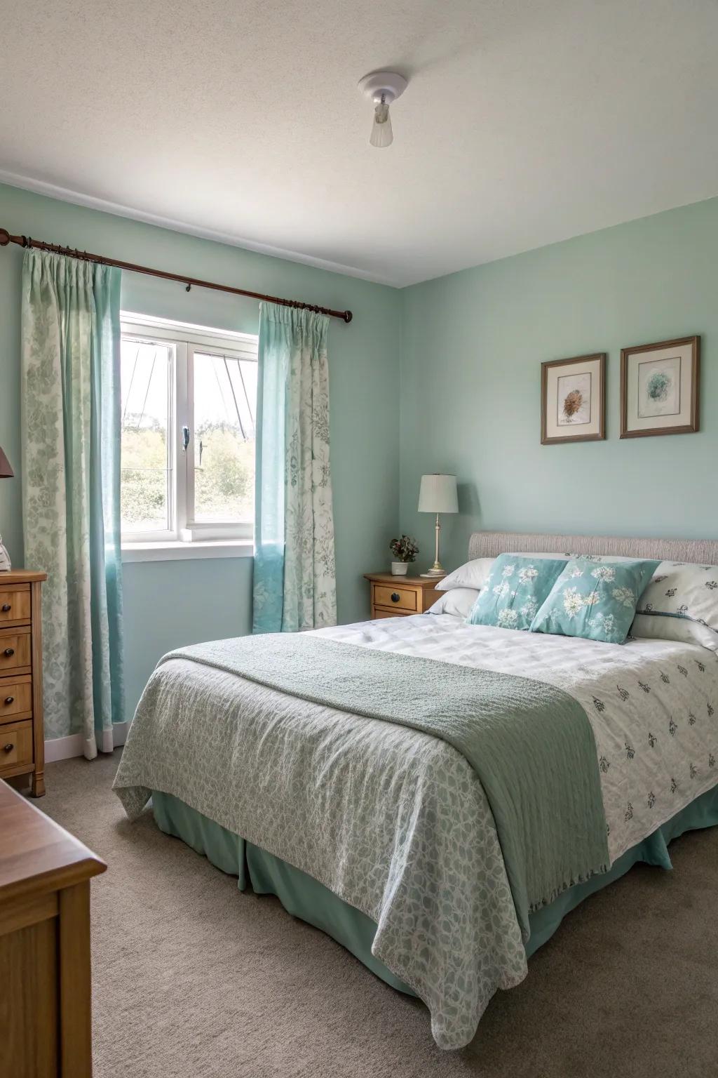 Refreshing hues lend an invigorating and calm sensation to this bedroom.