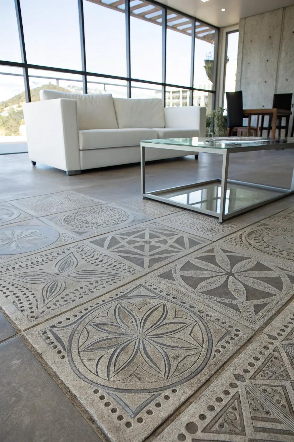 Abstract patterns etched into concrete floors add a bold, modern touch.