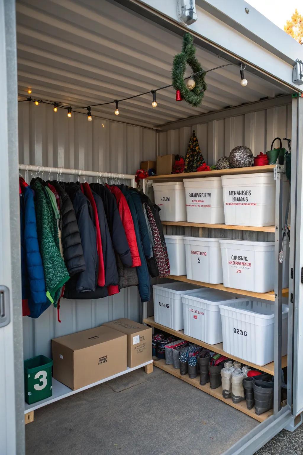 Effectively control household mess by seasonal storage within a container.