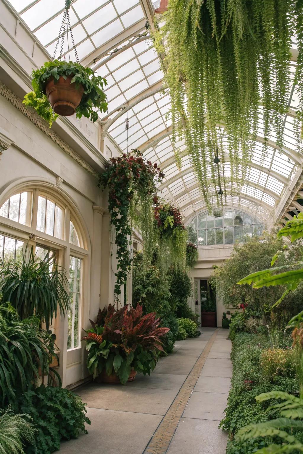 Suspended flora infusing a whimsical aspect to a sunroom.