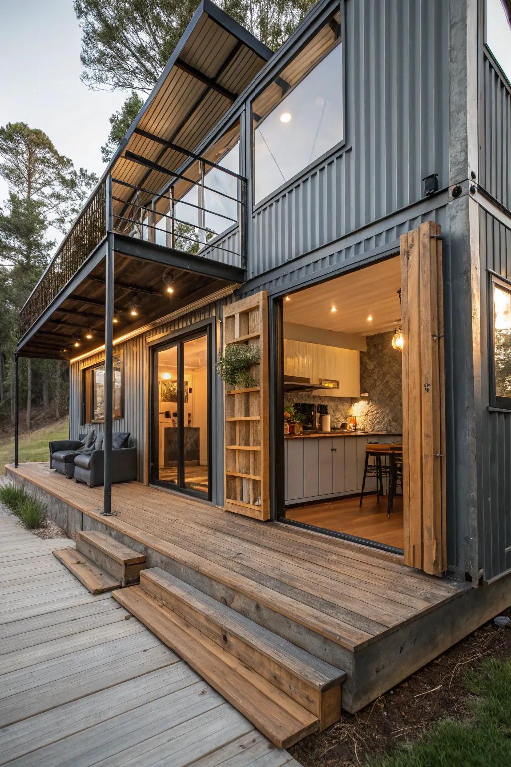 A container home showcasing an industrial chic style.