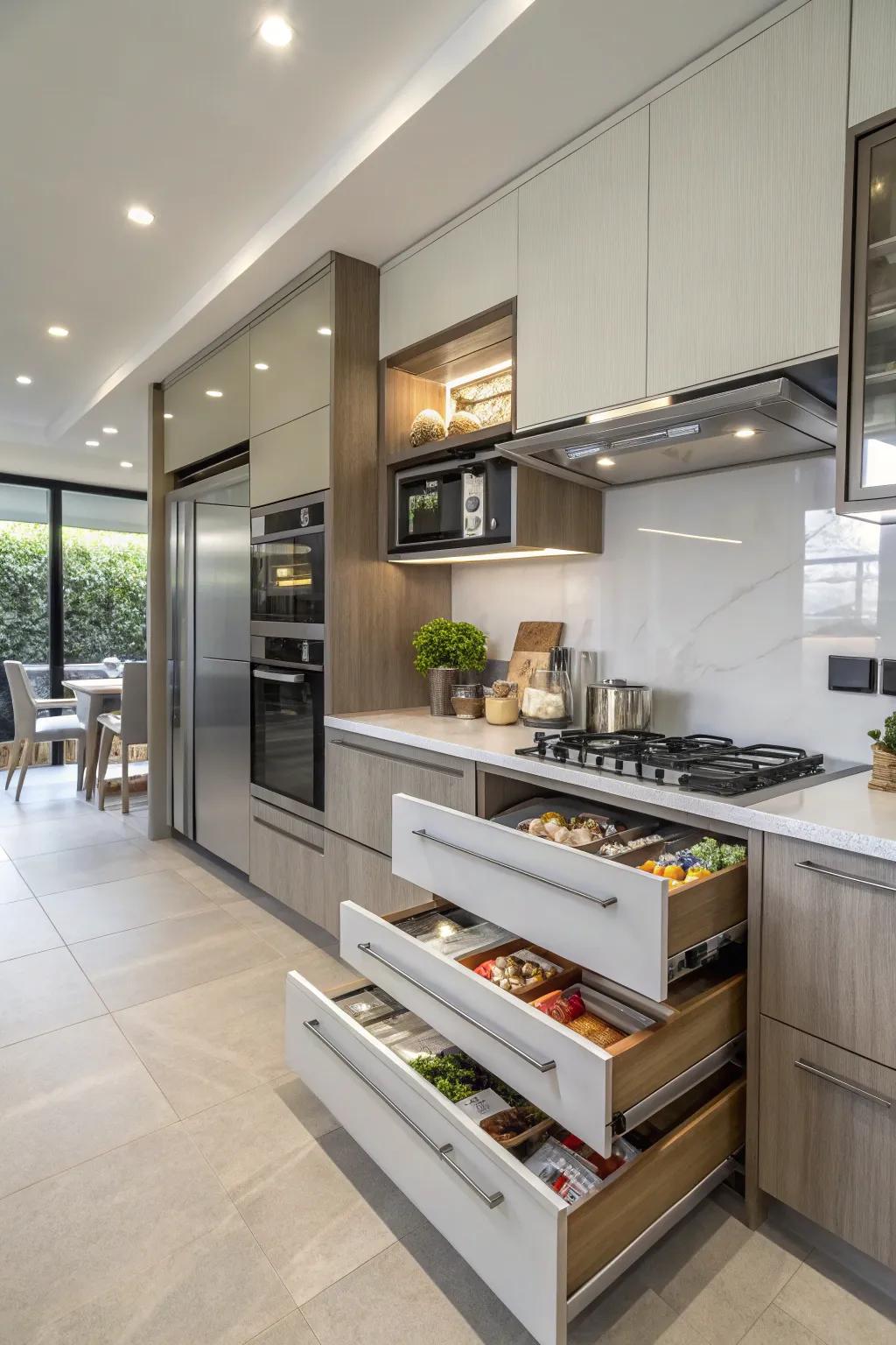 Clever storage solutions are key to keeping a kitchen neat and organized.