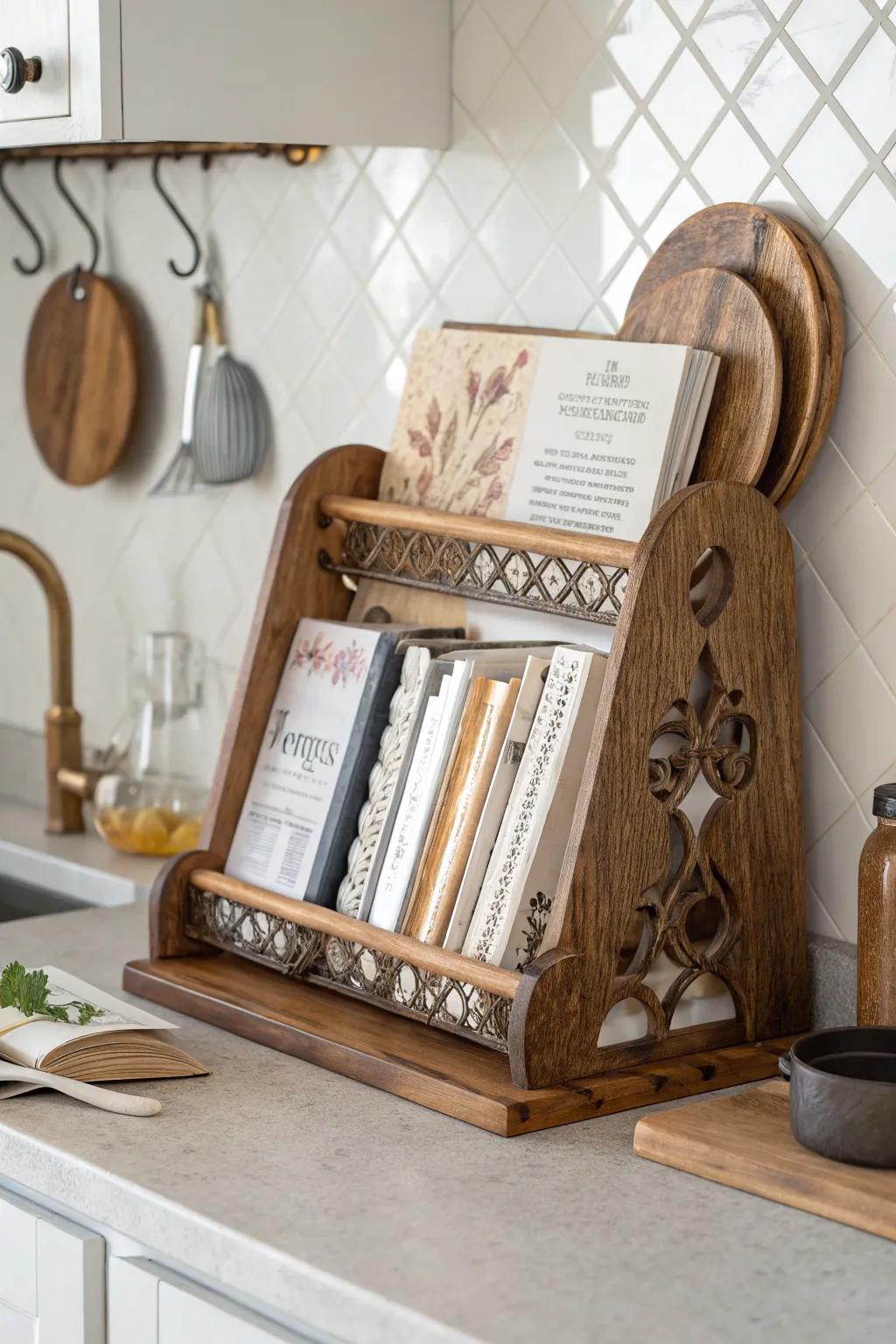 Plate racks offer an unexpected storing solution for cookbooks.