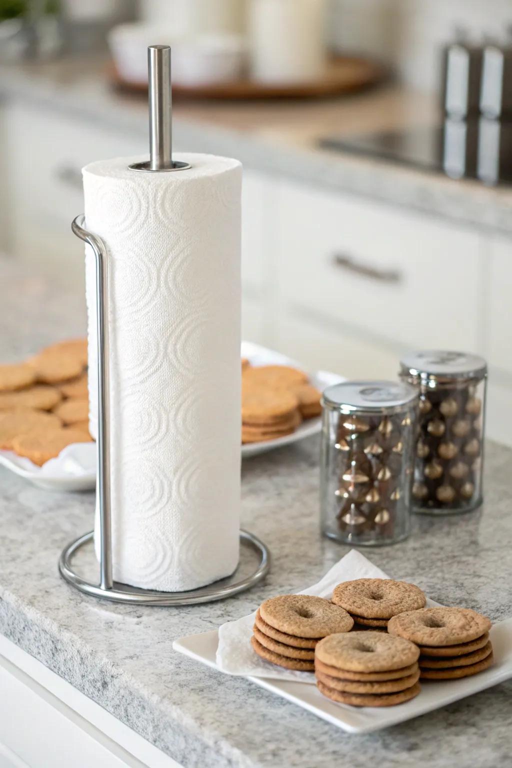 Cookie cutters piled on a paper towel holder for uncomplicated access.