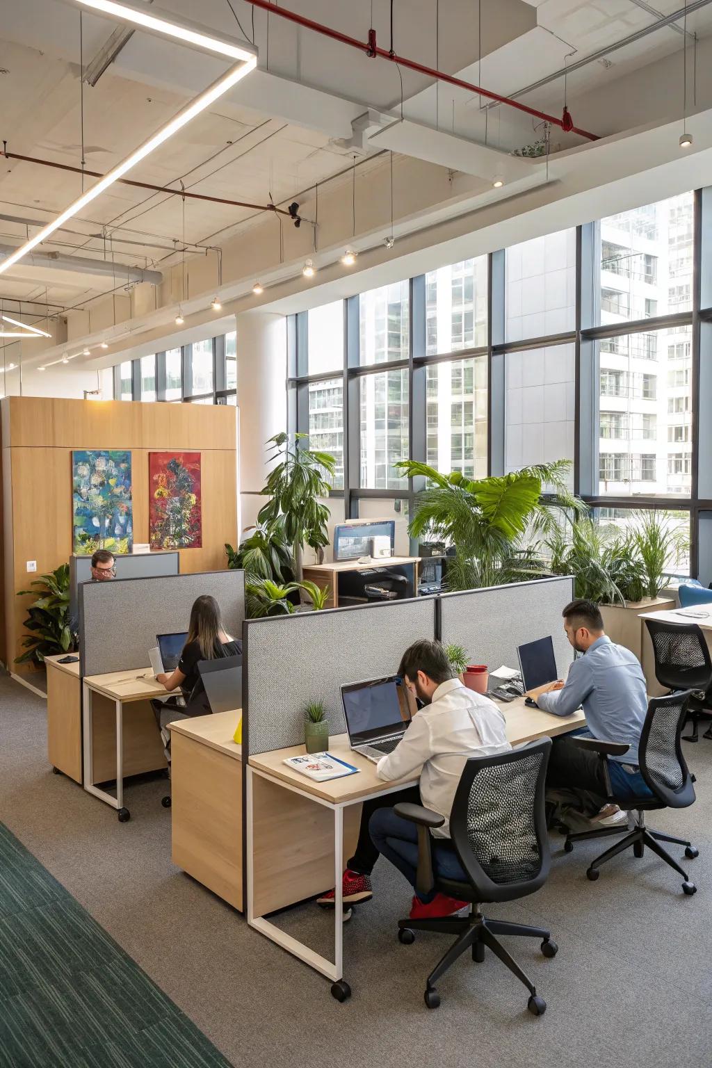 Office space with adaptable zones and repositionable furniture.