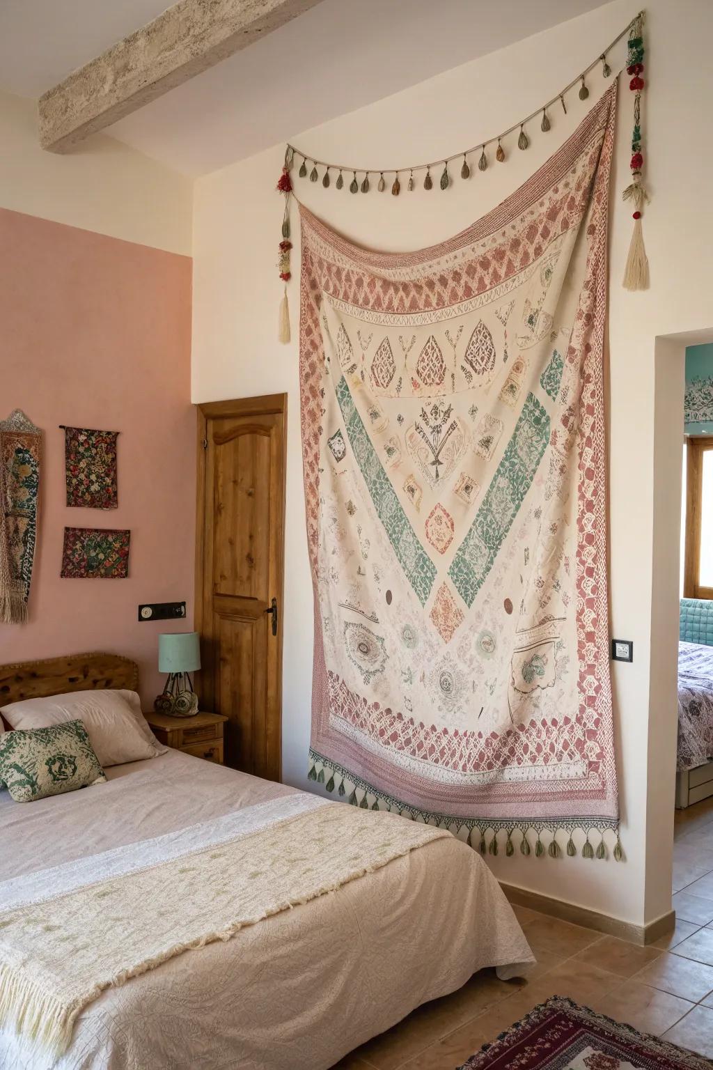 Cloth hangings add a cozy touch.