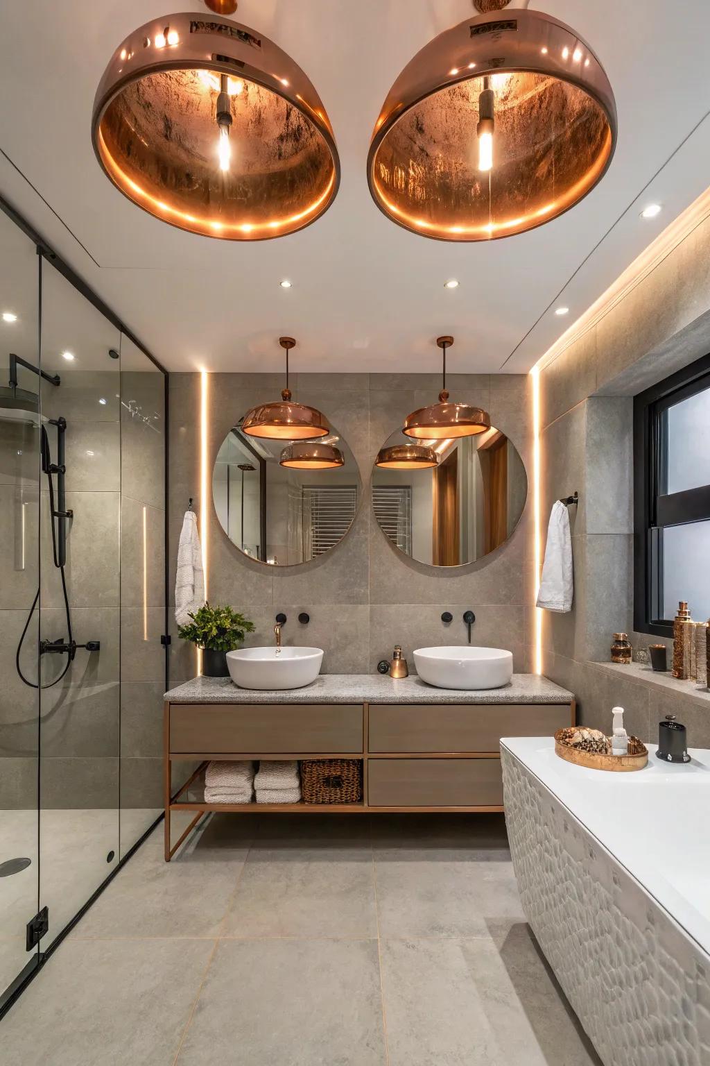 Copper ceiling fixtures infuse an unexpected and stylish detail.