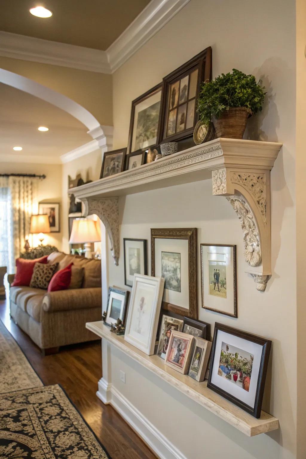 Shelves with supports fabricate artistic presentations within family chambers.