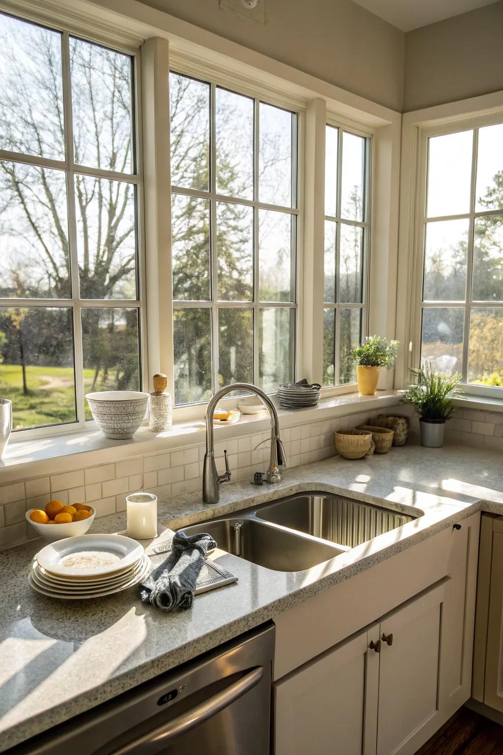 A corner sink by windows, filling the kitchen with natural light.