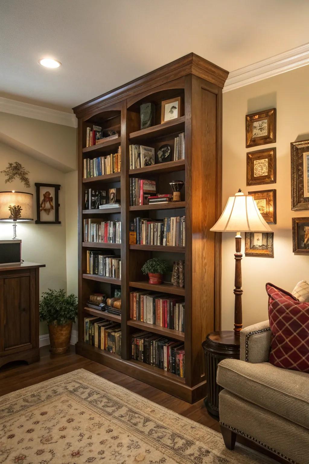 A tall bookshelf makes the most of the corner’s vertical space for storage and display.
