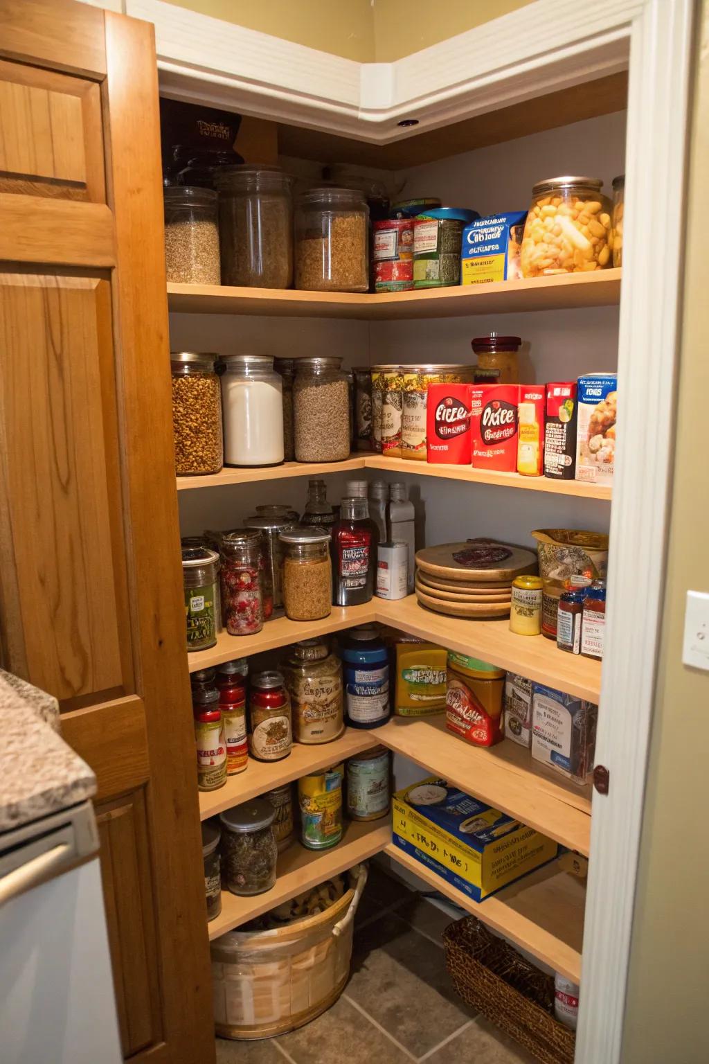 A corner pantry featuring a rotating tray for easy access.