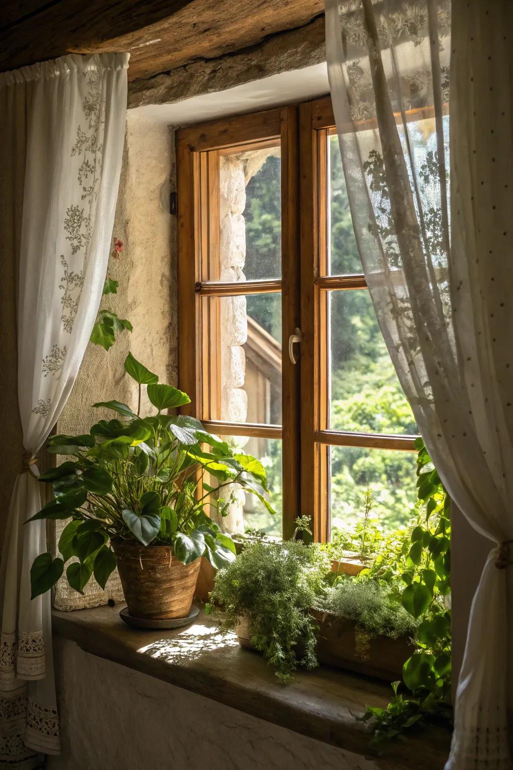 Interior plants near windows enhance the organic cottage aesthetic.