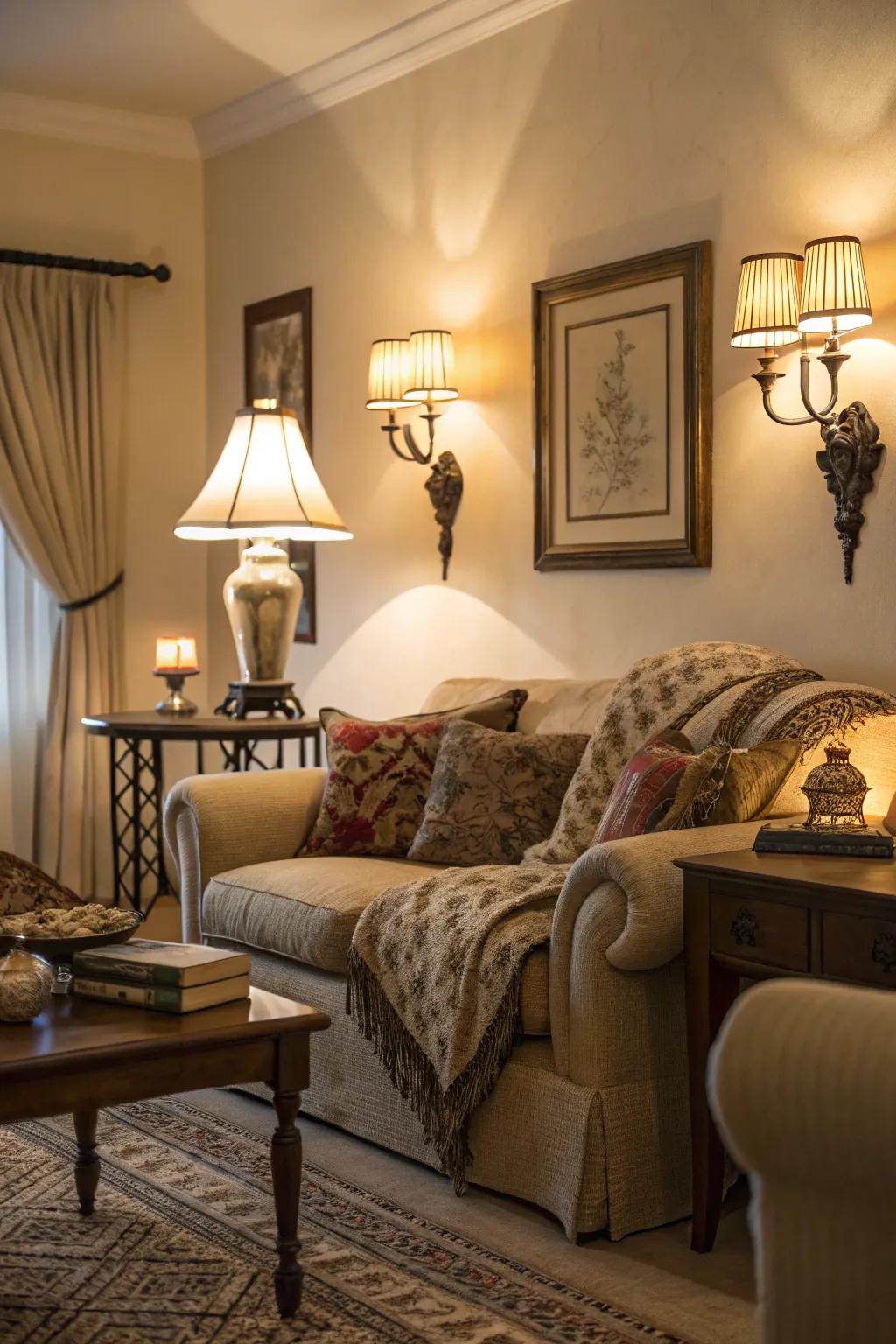Gentle lighting enhances the cozy ambiance of the living room.