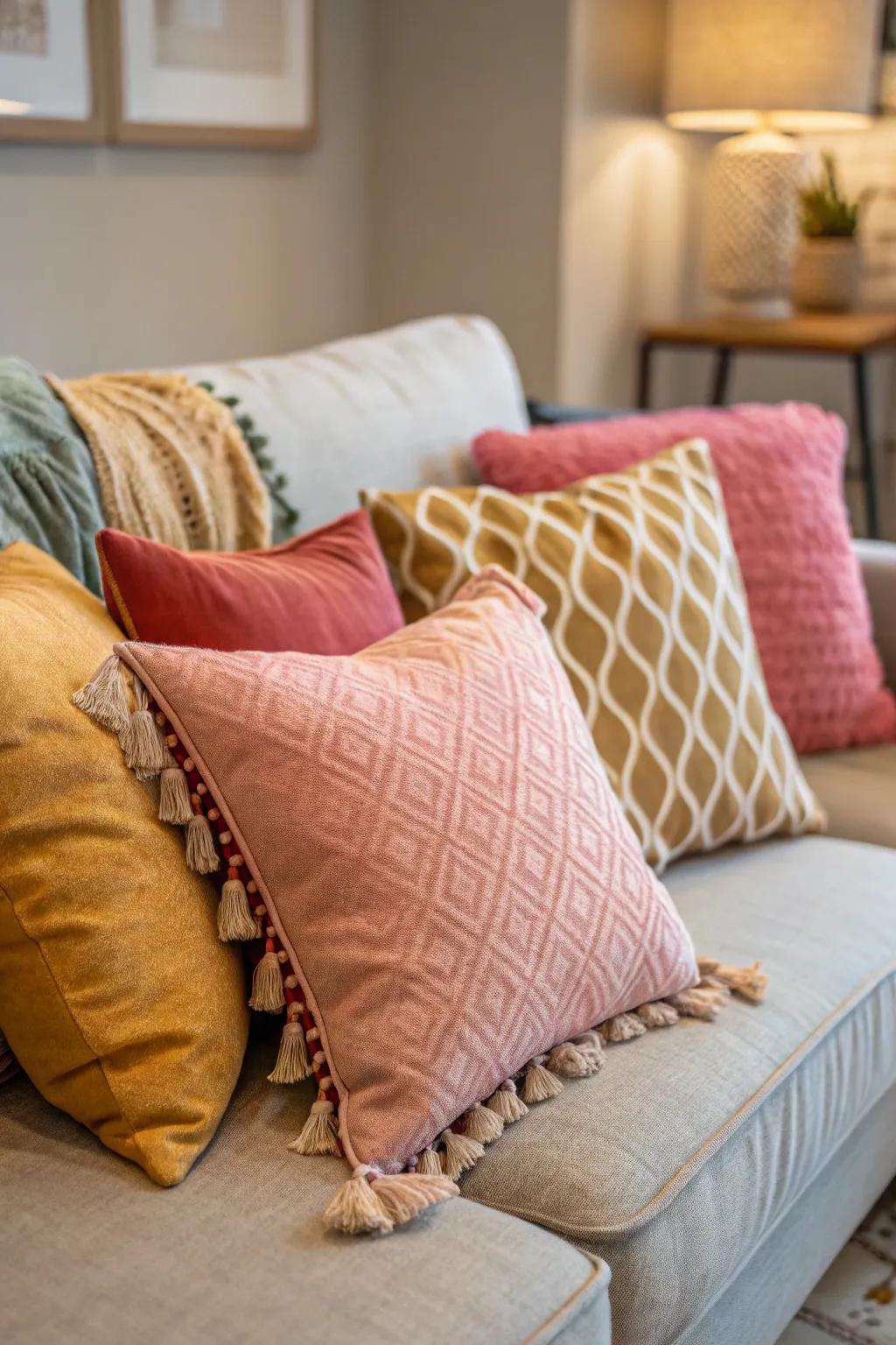 A comfortable corner invites relaxation with layered cushions.