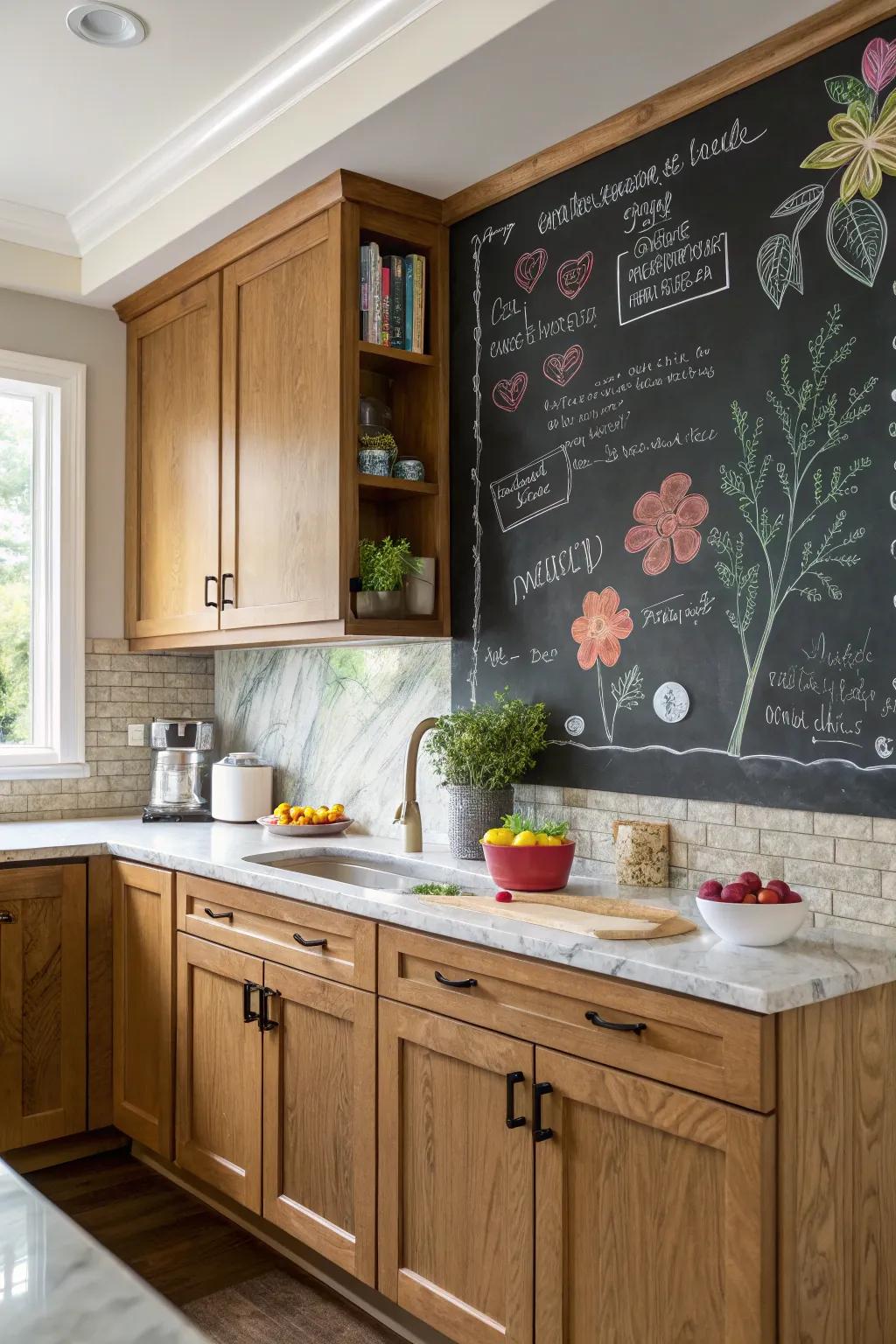 Chalkboard backsplashes add a personal and interactive touch to kitchens.