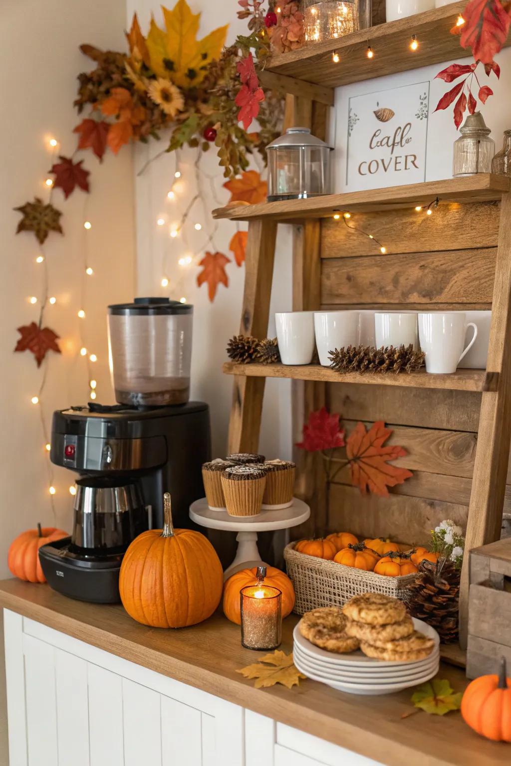 Seasonal decor keeps your coffee station lively.