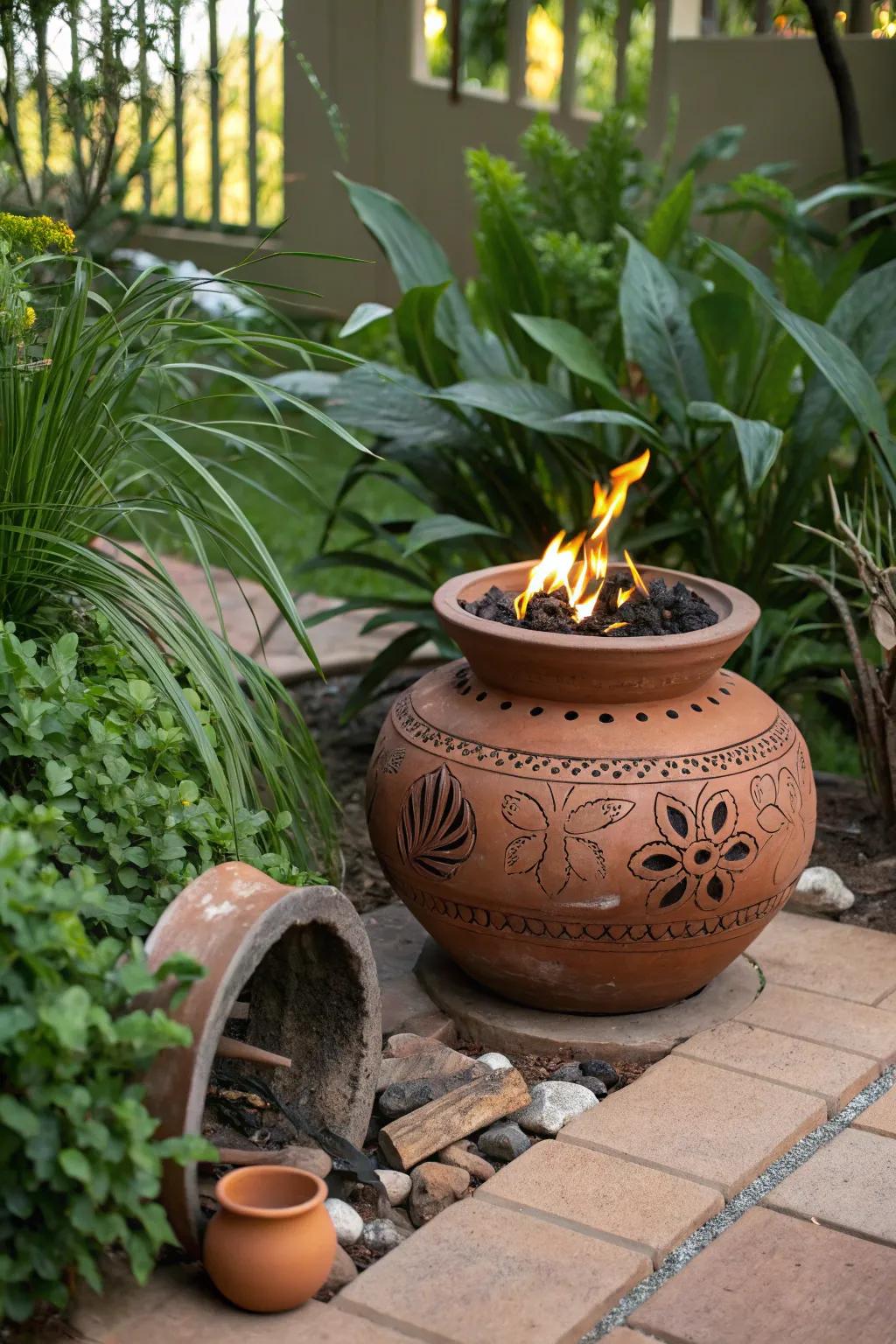 A terracotta pot fire pit exudes simple charm and warmth.