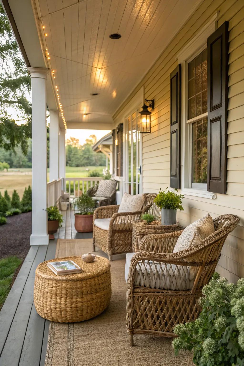 Interwoven accents enhance the cozy feel of this farmhouse veranda.