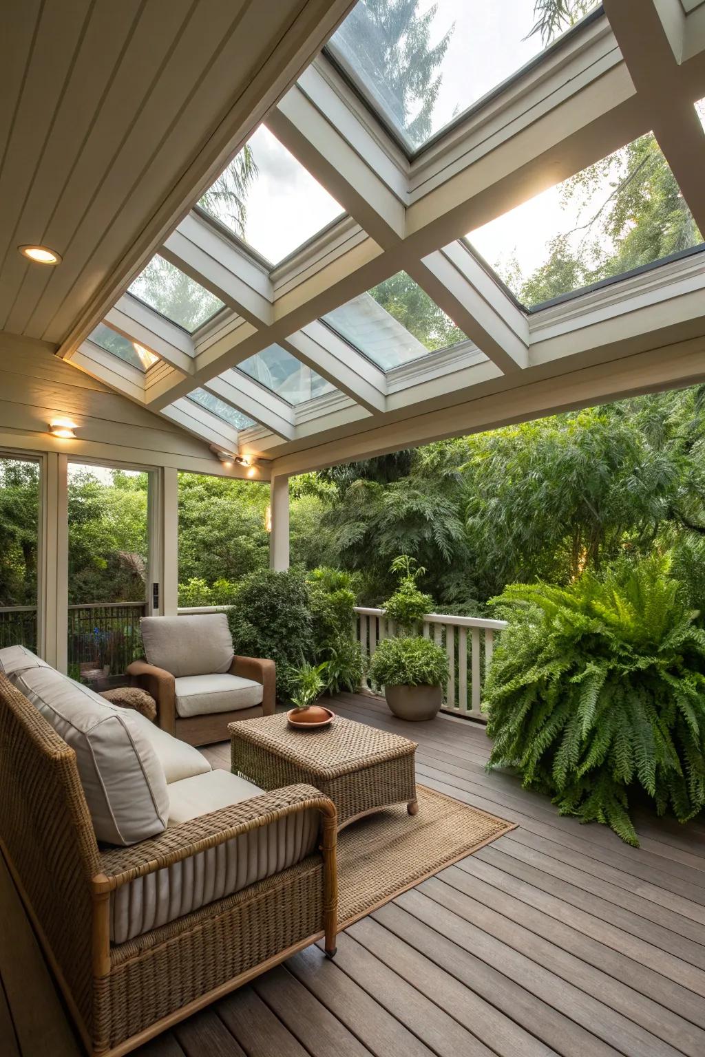 Overhead windows offer natural light and a connection to the sky.
