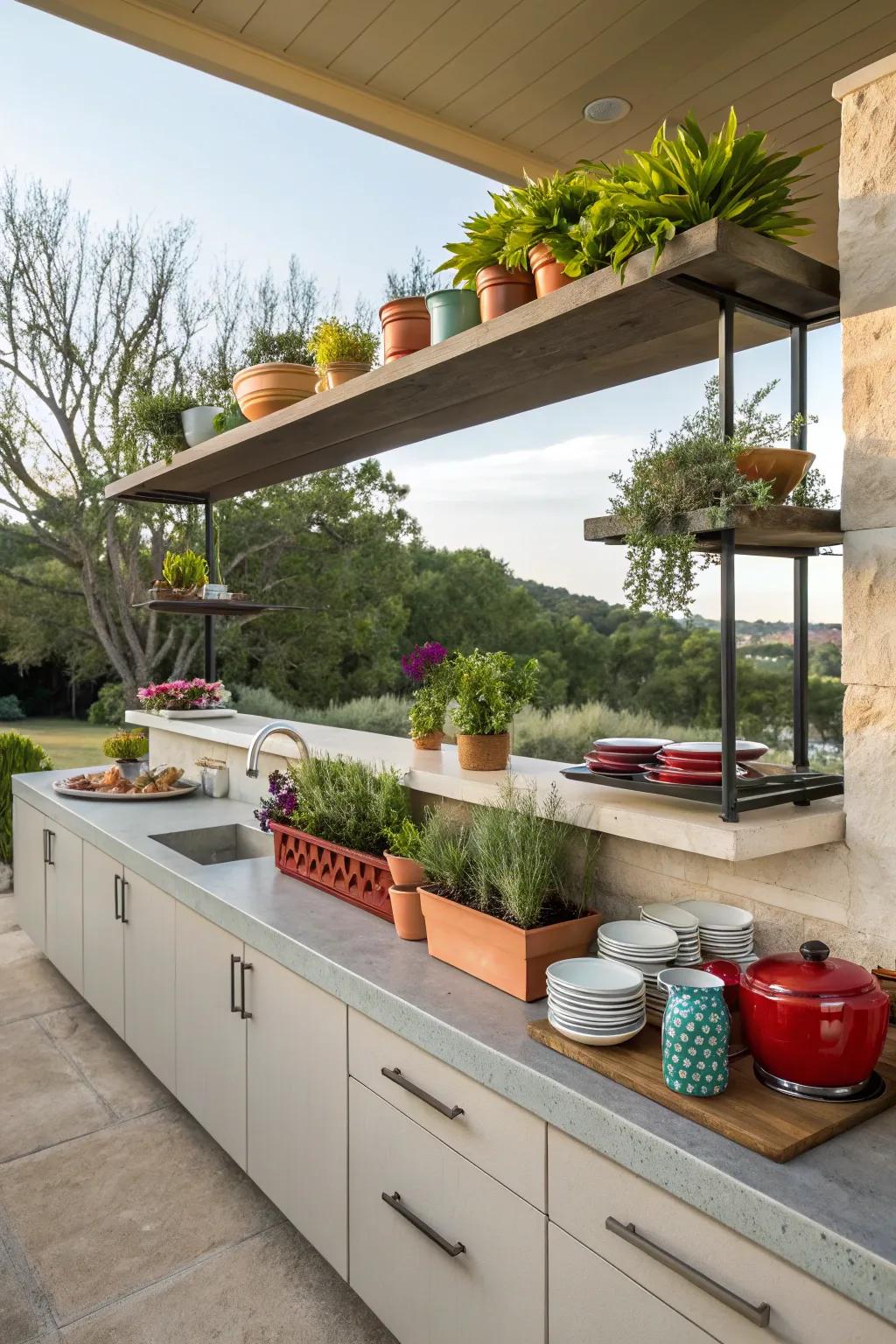 Wall-mounted shelving provides stylish storage in your outdoor cooking area.