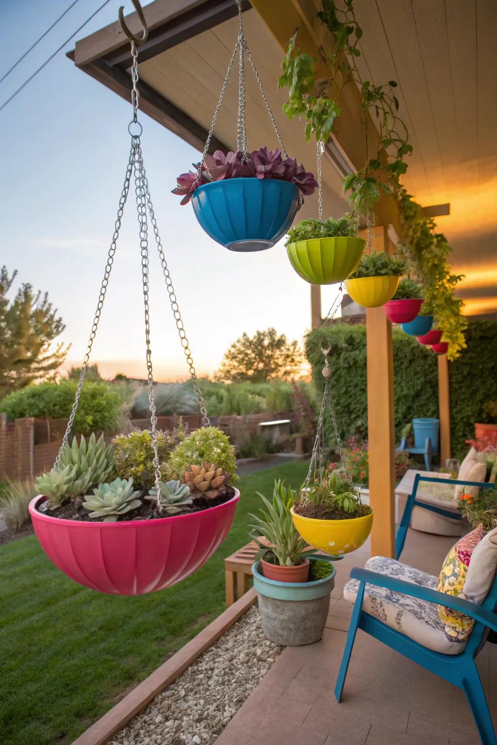 Hanging garden pots bring vertical interest.