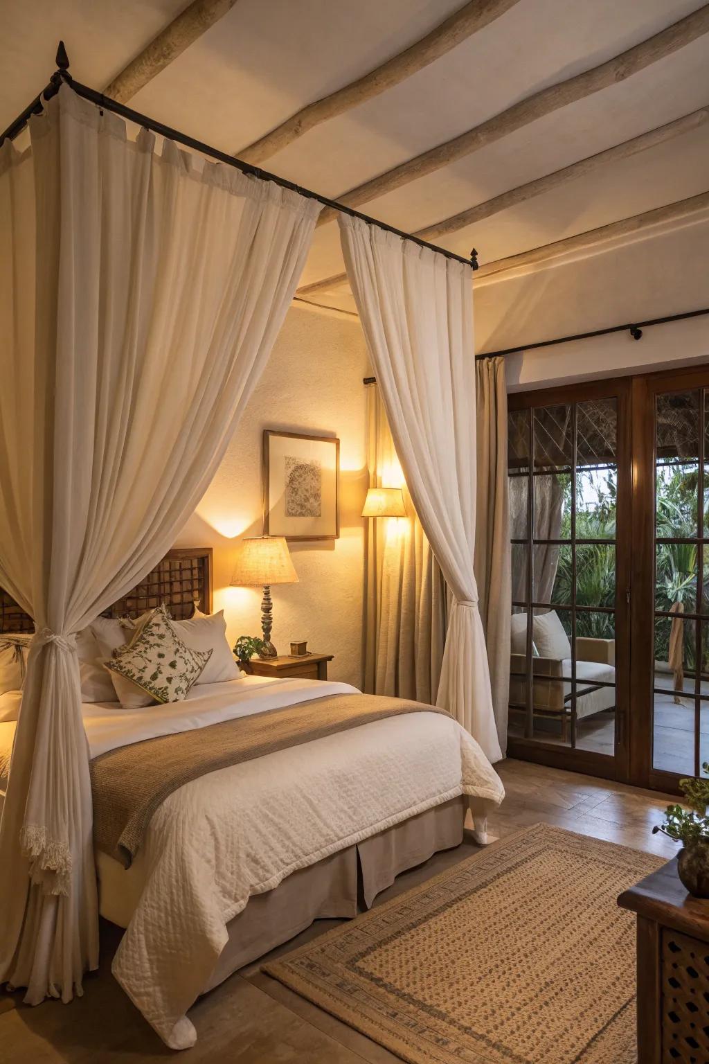A bedroom graced with understated flaxen window coverings, sculpting a gentle and cozy vibe.
