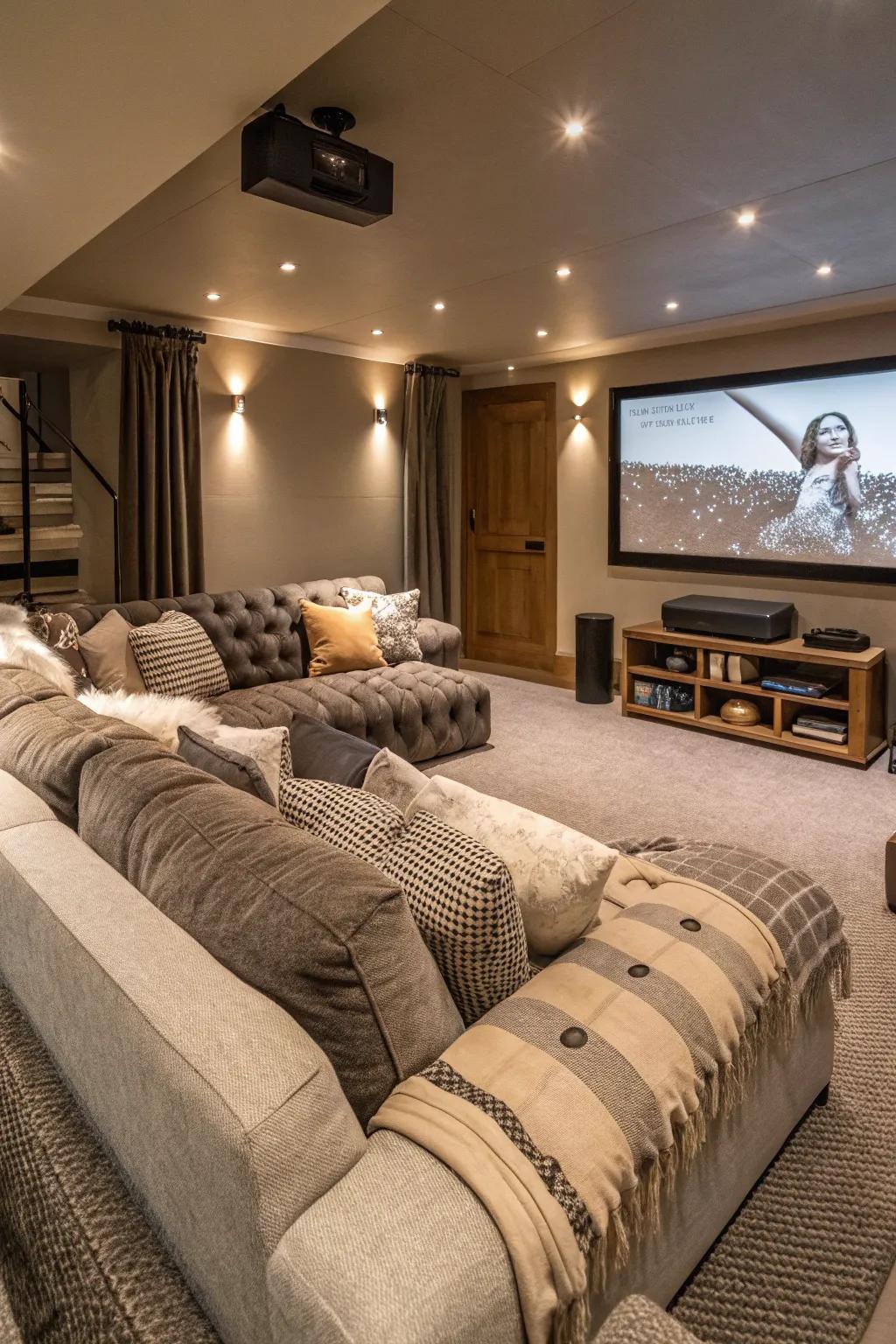 Cozy comfort is added by layered textiles like cushions and throws.