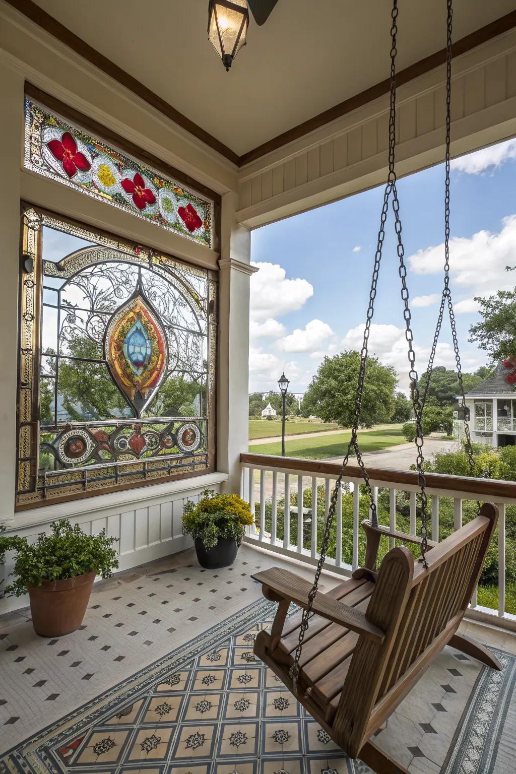 Stained glass gives the porch an artistic touch.