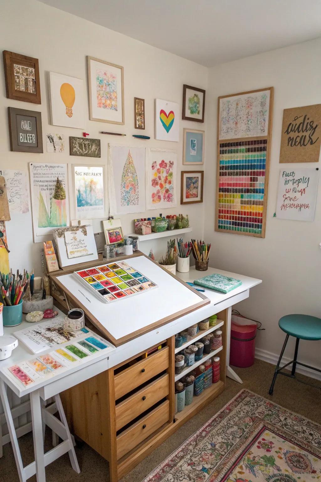 An art studio-inspired bedroom with ample creative space.