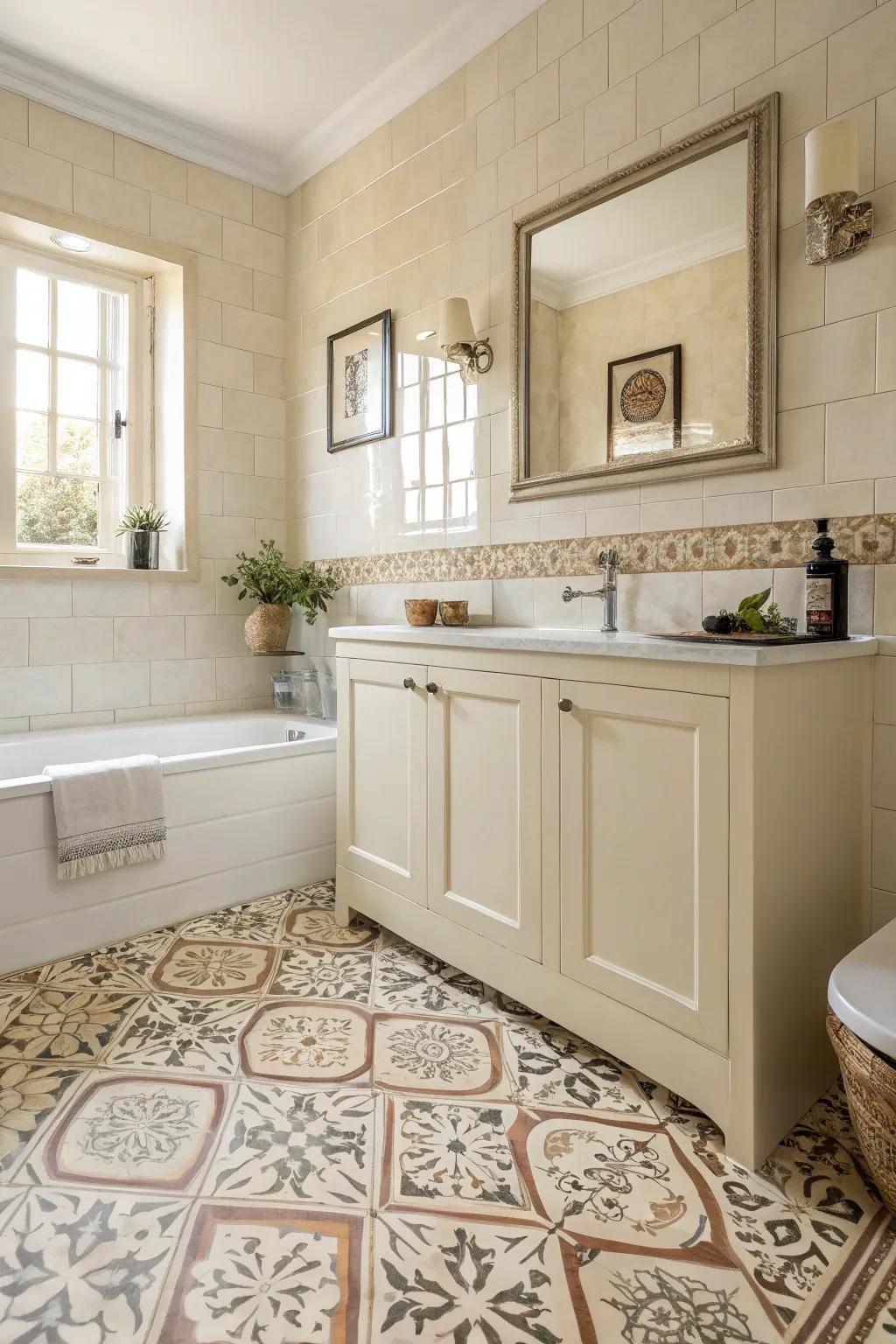 Designed floor tiles present appeal to this cream bathroom.