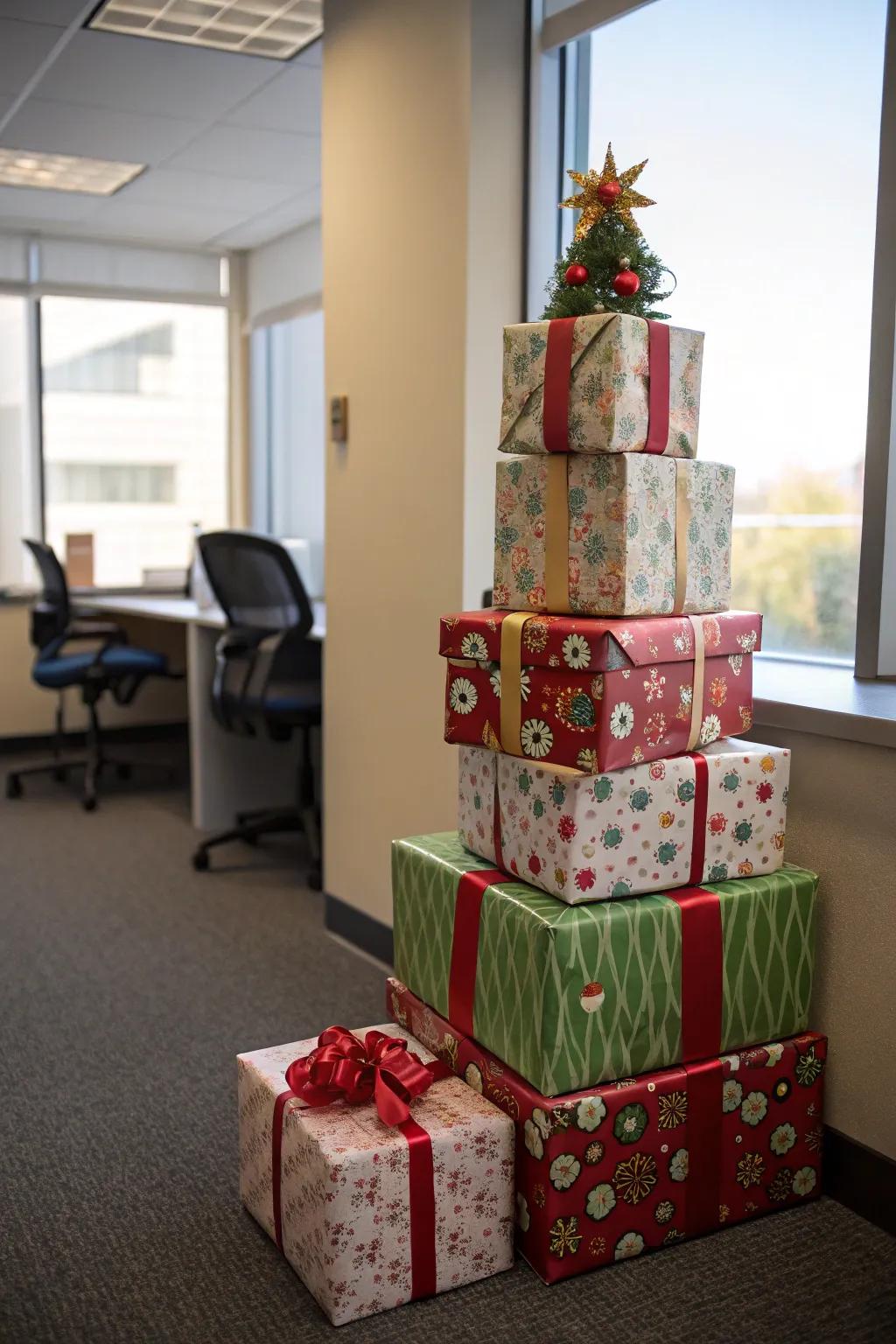A structure of present boxes adds celebratory flair to the office.