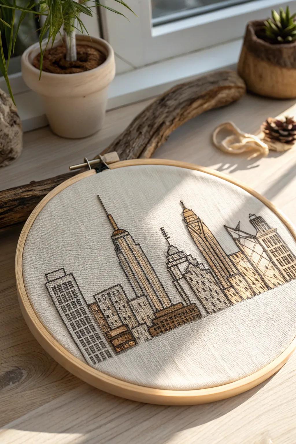 Catch your experiences with the delicate beauty of a cross-stitched urban scene.