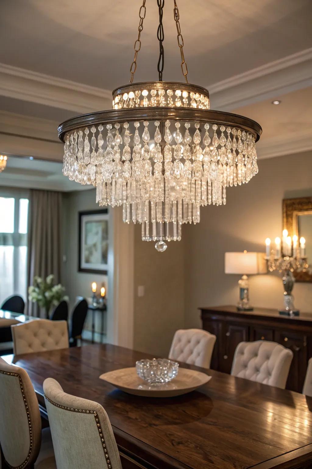 A chandelier enhanced with dangling quartz crystals for added sparkle.
